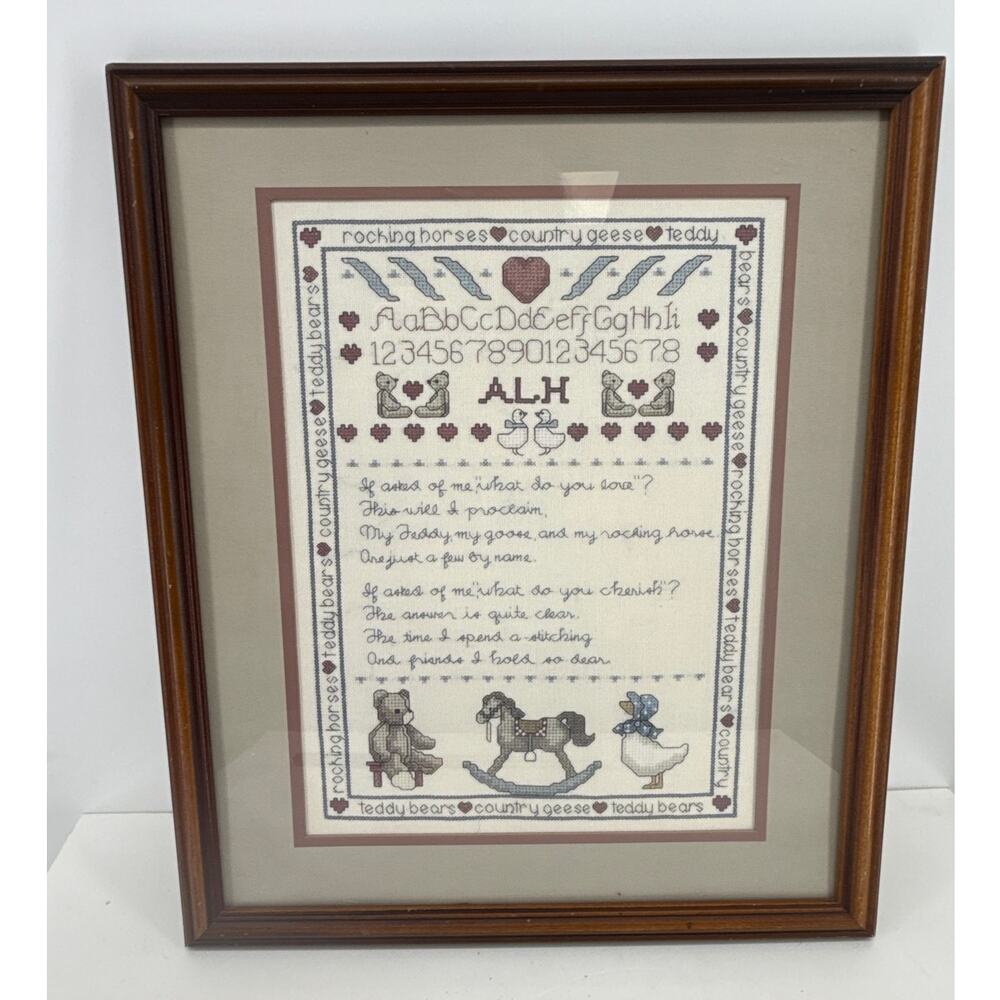 Hand Stitched Country Sampler Framed Cross Stitch Teddy Bear Rocking Horse Geese